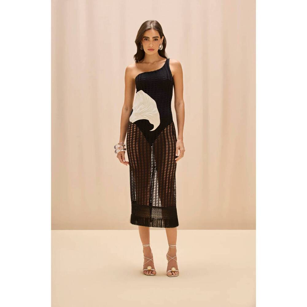 NEW PATBO selene mesh printed beach dress in black/ivory